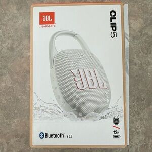 JBL Clip 5 Bluetooth Speaker - white and silver